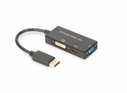 Digitus DisplayPort Kabelový převodník, DP - HDMI+DVI+VGA M-F/F/F, 0,2 m, multimediální kabel 3v1, CE, zlato, bl