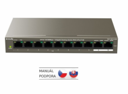 Tenda TEF1110P-8-102W PoE AT switch - 8x PoE 100 Mb/s + 2x Uplink 1 Gb/s, PoE max 102W, fanless,PoE+