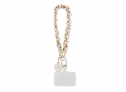 Guess Přívěsek 4G Saffiano Charm Pink Universal Hand Strap Saffiano Chain 4G Charm je mimořádně stylový a elegantní doplněk věnovaný vašemu telefonu