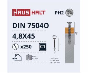 Samořezné šrouby Haushalt, DIN 7504O, 4,8 x 45 mm, 250 ks.