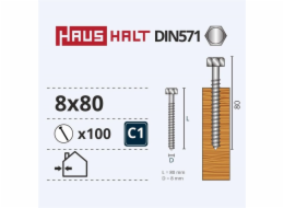 Vruty do dřeva Haushalt, DIN571, 8,0 x 80 mm, ZN, 100 ks.