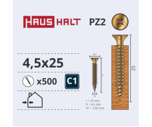 Vruty do dřeva Haushalt, 4,5 x 25 mm, ZN, PZ2, 500 ks.