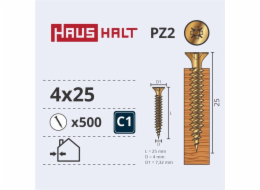 Vruty do dřeva Haushalt, 4 x 25 mm, ZN, PZ2, 500 ks.