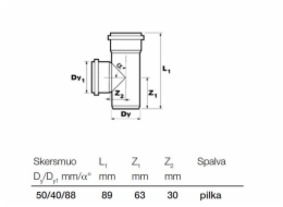 T-kus vnitřní kanalizace Wavin, O 40 / 50 mm, 88°
