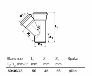 T-kus vnitřní kanalizace Wavin, O 40 / 50 mm, 45°