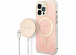 Guess Charger Set Guess pouzdro + bezdrátová nabíječka GUBPP13LH4EACSP Apple iPhone 13 Pro růžové/růžové pevné pouzdro 4G Print MagSafe