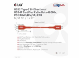 Club3D kabel USB-C, Oboustranný USB-IF Certifikovaný data kabel, PD 240W(48V/5A) EPR M/M 1m