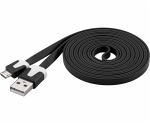 Kabel micro USB 2.0, A-B 2 m, plochý PVC kabel, černý