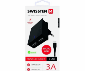 Nabíječka cestovní SWISSTEN 2x USB, IC, 3A, + microUSB ka...