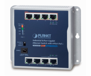 Planet průmyslový plochý switch 8x 1Gb, 4x PoE 30/60W, 48...