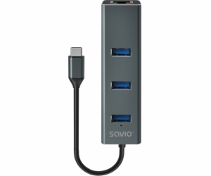 Savio AK-57 USB-C - 3 x USB-A HUB with RJ-45 Gigabit Ethe...