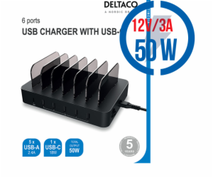 DELTACO DPS-0200, 5x USB A, Nabíjecí stanice, 50W