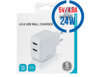 DELTACO USB-AC175, 2x USB A, Nabíječka, bílá