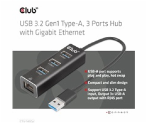 Club3D Rozbočovač, USB-A 3.2 Gen1 na 3x USB 3.1, Gigabit ...