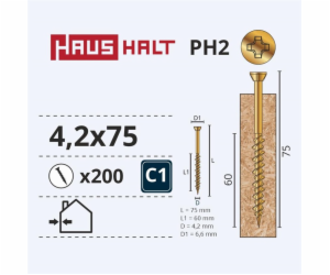 Vruty do dřeva Haushalt, 4,2 x 75 mm, ZN, PH, 200 ks.