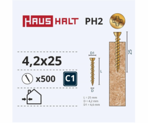 Vruty do dřeva Haushalt, 4,2 x 25 mm, ZN, PH, 500 ks.