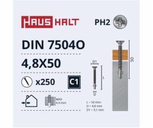 Samořezné šrouby Haushalt, DIN 7504O, 4,8 x 50 mm, 250 ks.