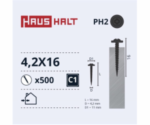 Samořezné šrouby Haushalt, DIN 14566, 4,2 x 16 mm, 500 ks.