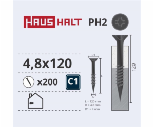 Vruty do dřeva Haushalt, 4,8 x 120 mm, PH2, 200 ks.
