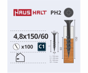 Vruty do dřeva Haushalt, 4,8 x 150/60 mm, PH2, 100 ks.