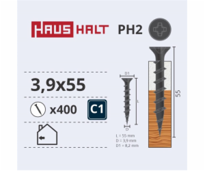 Vruty do dřeva Haushalt, 3,9 x 55 mm, PH2, 400 ks.