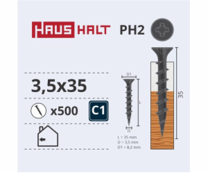 Vruty do dřeva Haushalt, 3,5 x 35 mm, PH2, 500 ks.