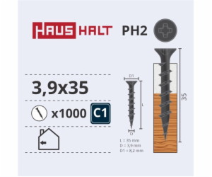 Vruty do dřeva Haushalt, 3,9 x 35 mm, PH2, 1000 ks.