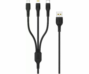 Denmen USB-A - USB-C + microUSB + Lightning kabel 1 m čer...