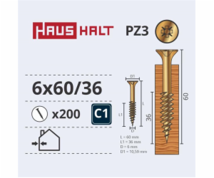 Vruty do dřeva Haushalt, 6 x 60/36 mm, ZN, PZ3, 200 ks.