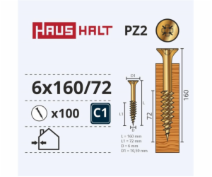 Vruty do dřeva Haushalt, 6 x 160/72 mm, ZN, PZ3, 100 ks.