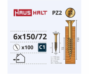 Vruty do dřeva Haushalt, 6 x 150/72 mm, ZN, PZ3, 100 ks.