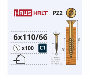 Vruty do dřeva Haushalt, 6 x 110/66 mm, ZN, PZ3, 100 ks.