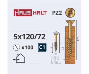 Vruty do dřeva Haushalt, 5 x 120/72 mm, ZN, PZ2, 100 ks.