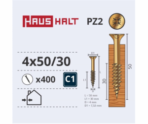 Vruty do dřeva Haushalt, 4 x 50/30 mm, ZN, PZ2, 400 ks.
