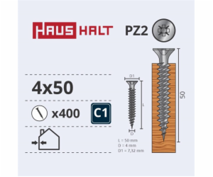 Vruty do dřeva Haushalt, 4 x 50 mm, ZN, PZ2, 400 ks.