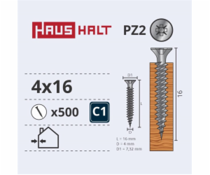 Vruty do dřeva Haushalt, 4 x 16 mm, ZN, PZ2, 500 ks.