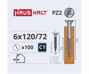 Vruty do dřeva Haushalt, 6 x 120/72 mm, ZN, PZ3, 100 ks.