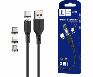 Denmen USB-A - USB-C + microUSB + Lightning kabel 1 m Čer...