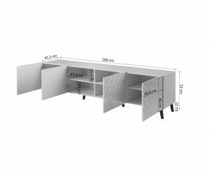 RTV skříň ABETO 200x42x52 bílá/lesklá bílá