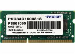 Paměť pro notebook Patriot Signature, SODIMM, DDR3, 4 GB, 1600 MHz, CL11 (PSD34G160081S)