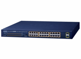 Planet GSW-2620HP PoE switch, 24x1Gb + 2x SFP 1Gb, VLAN, extend mód 10Mb-250m, 802.3at, 802.3az, 240W PoE Budget