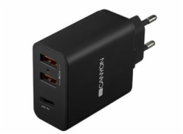 CANYON Nabíjčka do sítě H-08, Power delivery - 1x USB-C (Quick charge), 2xUSB A, černá