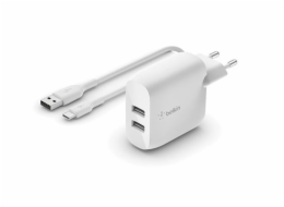 Belkin BOOST CHARGE™ Duální 24W USB-A nástěnná nabíječka + 1m USB-C kabel, bílá