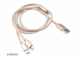 AKASA kabel 2v1 USB Type-A na Micro-B a USB Type-C, 120cm, zlatý