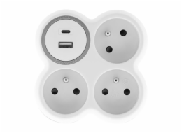 Solight rozbočka, 3x 15A, USB nabíječka A+C, bílá-šedá - P106USBC