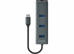 Savio AK-57 USB-C - 3 x USB-A HUB with RJ-45 Gigabit Ethernet adapter 5000 Mbit/s grey