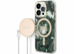 Sada nabíječky Guess pouzdro Guess + bezdrátová nabíječka GUBPP14LHJEACSA Apple iPhone 14 Pro zelený/zelený pevný obal Jungle MagSafe