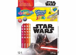 Patio JUMBO trojhranné pastelky na tužky 12 kusů 13 barev + ořezávátko Colorino Kids Star Wars