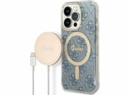 Sada nabíječky Guess pouzdro Guess + bezdrátová nabíječka GUBPP14LH4EACSB Apple iPhone 14 Pro modro/modré pevné pouzdro 4G Print MagSafe