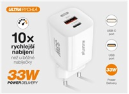 ALIGATOR CHPD0022 ALIGATOR chytrá síťová nabíječka GaN, PD 33W, USB-A + USB-C, kabel Lightning, bílá